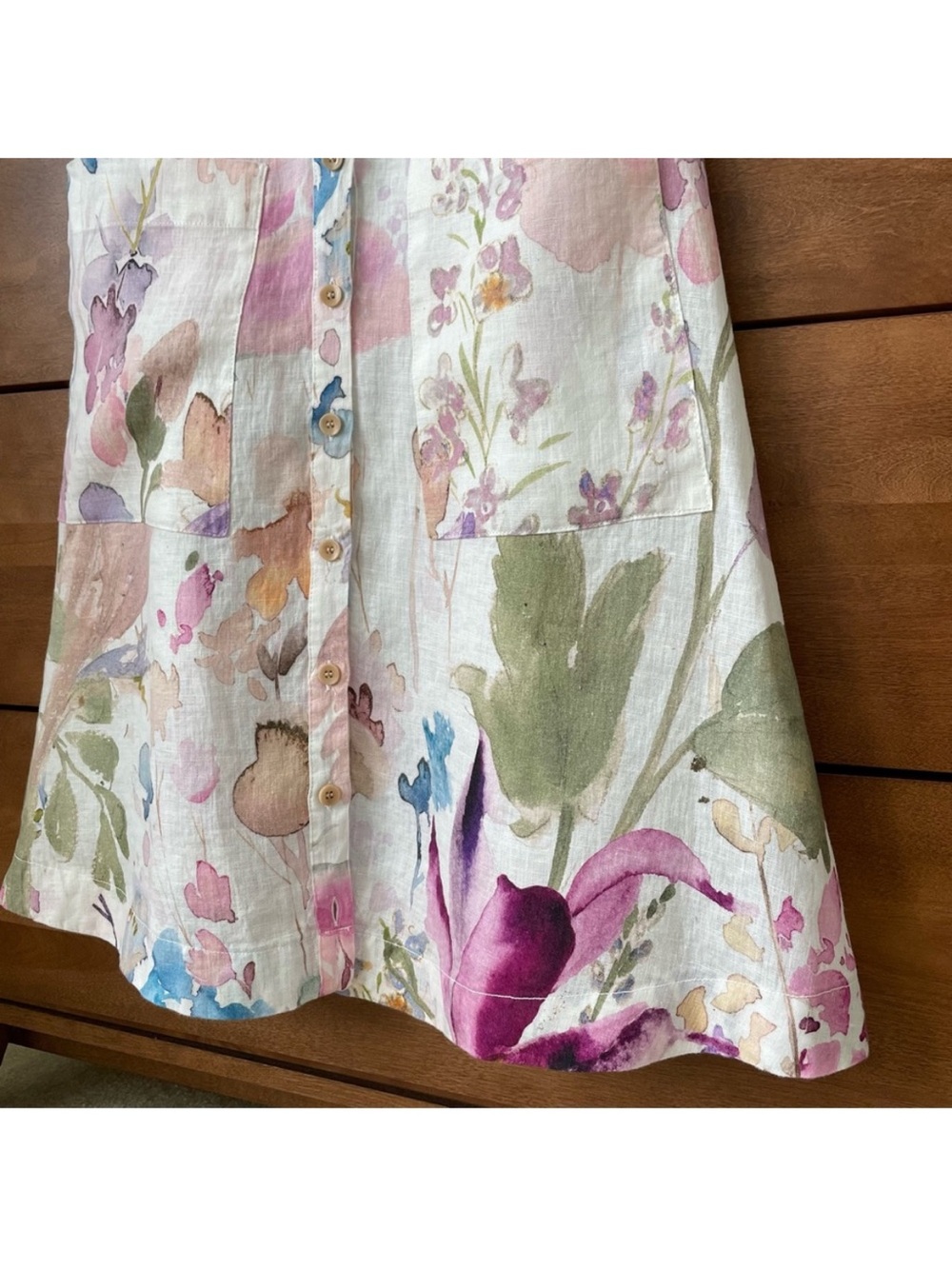 Dolcezza Linen Floral Art Midi Dress Small Watercolor Button Front Whimsical - Picture 6 of 13